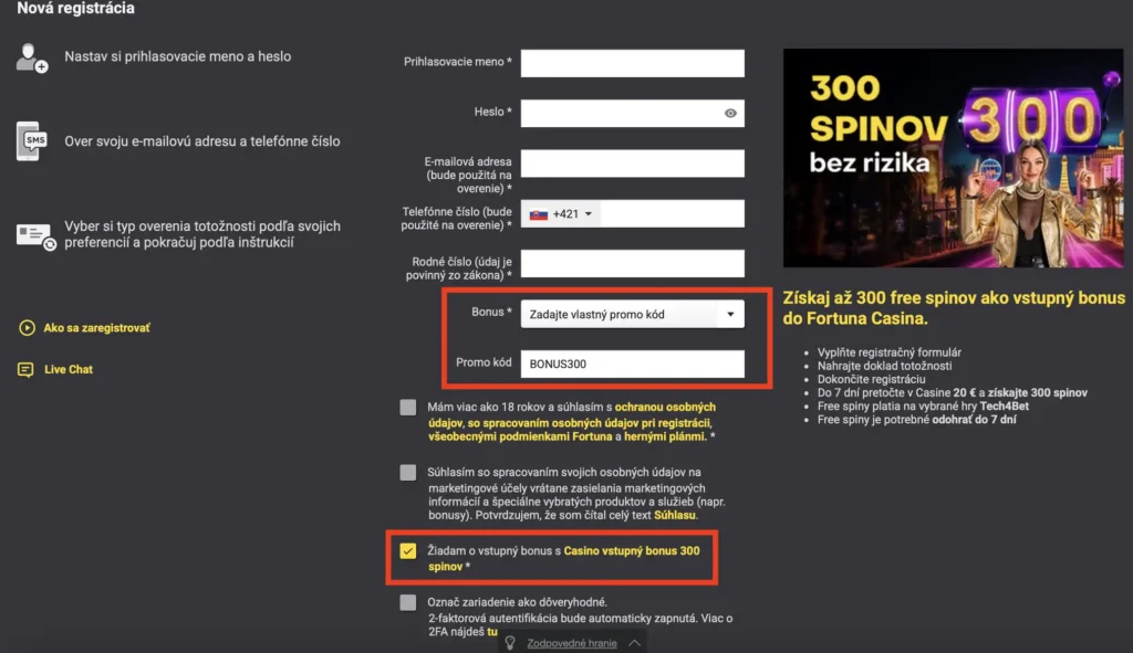 fortuna vstupný bonus 300 free spinov bez rizika