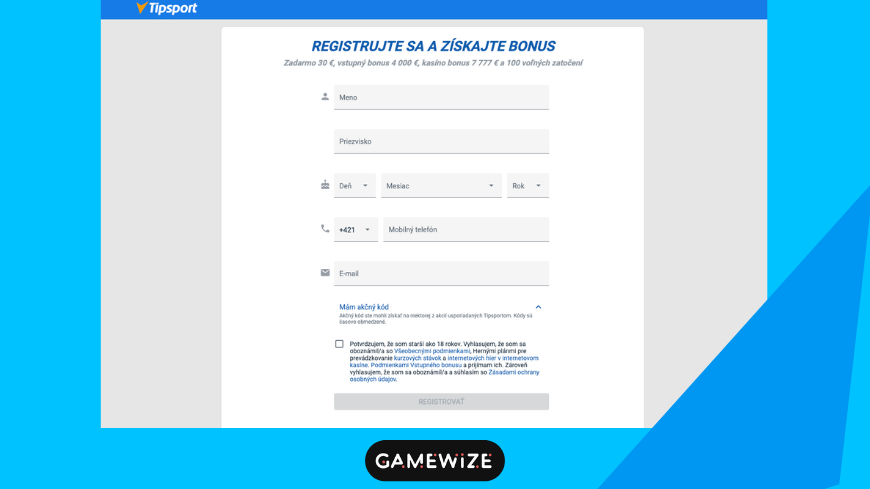 tipsport registrácia - formulár s údájmi