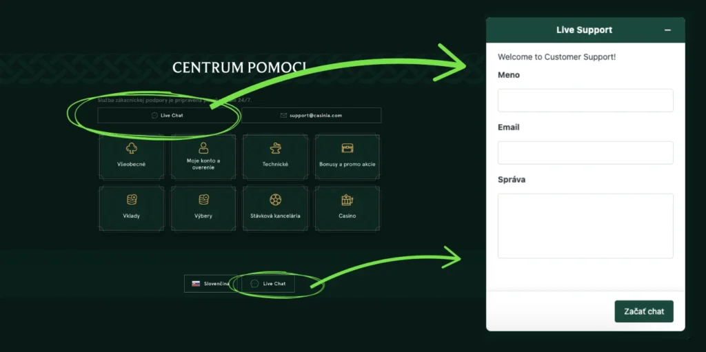 Casinia Casino Kontakt a Zákaznícka Podpora