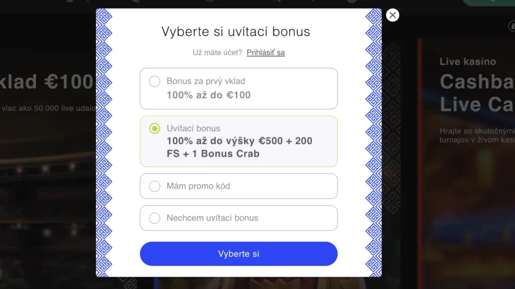 Krok 1: Výber uvítacieho bonusu v LibraBet Casino