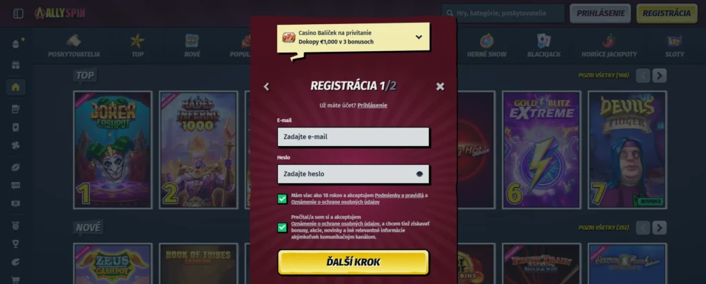 uvítací balíček AllySpin registrácia