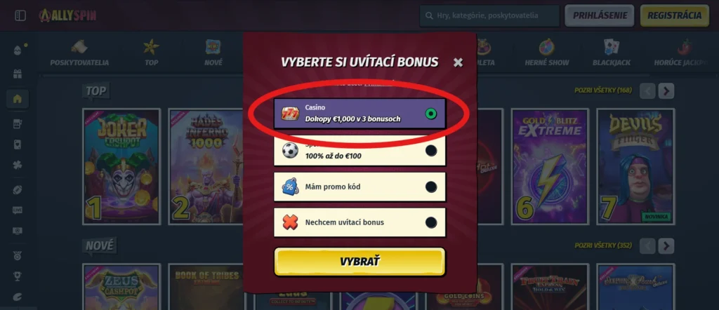 Uvítací balíček AllySpin výber bonusu