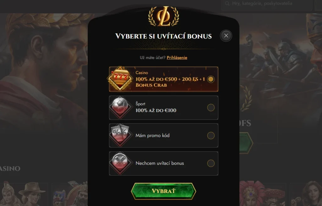 Legiano Casino uvítací bonus na vklad a free spiny výber bonusu