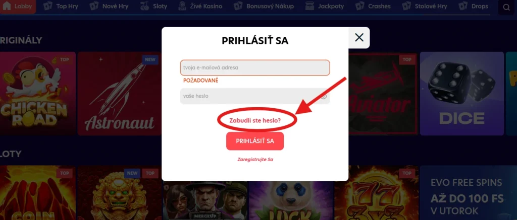 EvoSpin Casino Obnova hesla