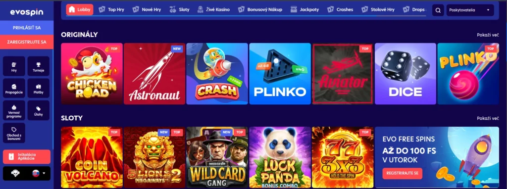 EvoSpin Casino Menu
