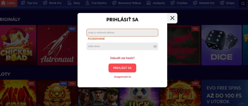 EvoSpin Casino Prihlásenie