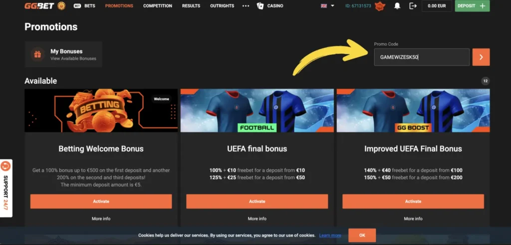 GGbet promocode postup 2