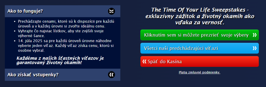 Time of Your Life Sweepstakes v Zodiac Casino postup