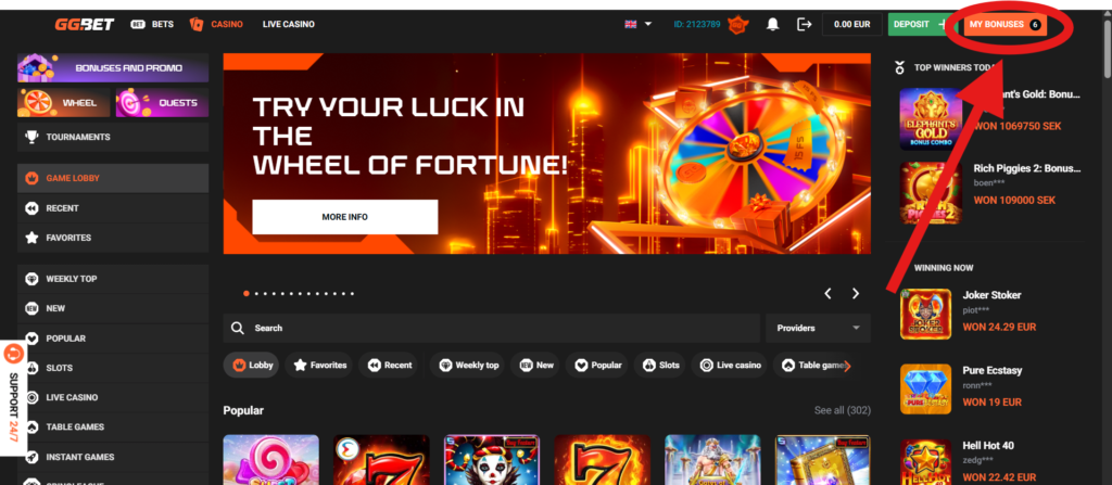 Bonus 50 free spinov bez vkladu v GGBet Casino moje bonusy