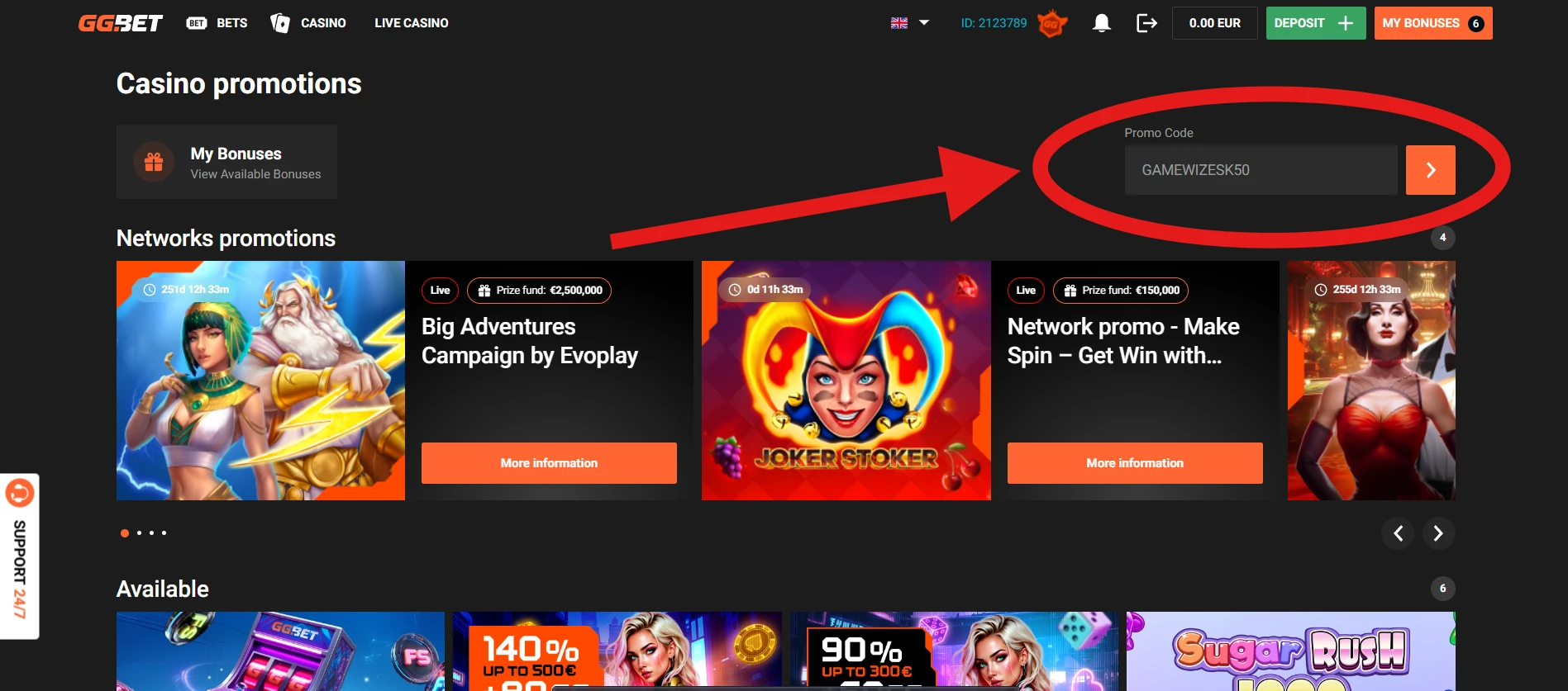 Bonus 50 free spinov bez vkladu v GGBet Casino promokód