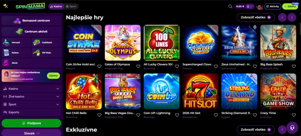 Spinmama Casino menu