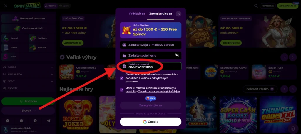 50 free spinov v bez vkladu v Spinmama Casino návod