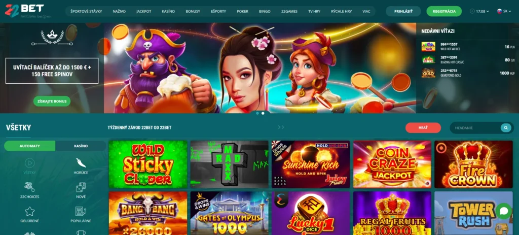 22Bet Casino menu a hry