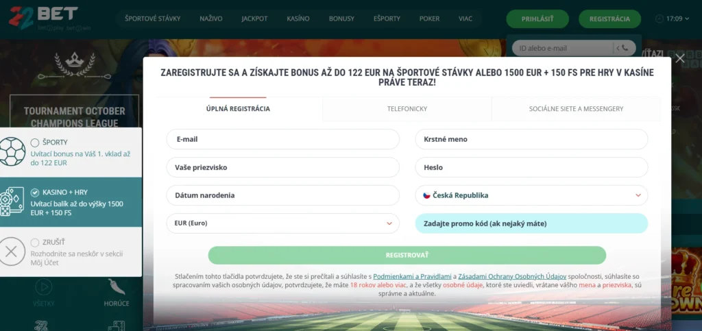 22Bet Casino registrácia