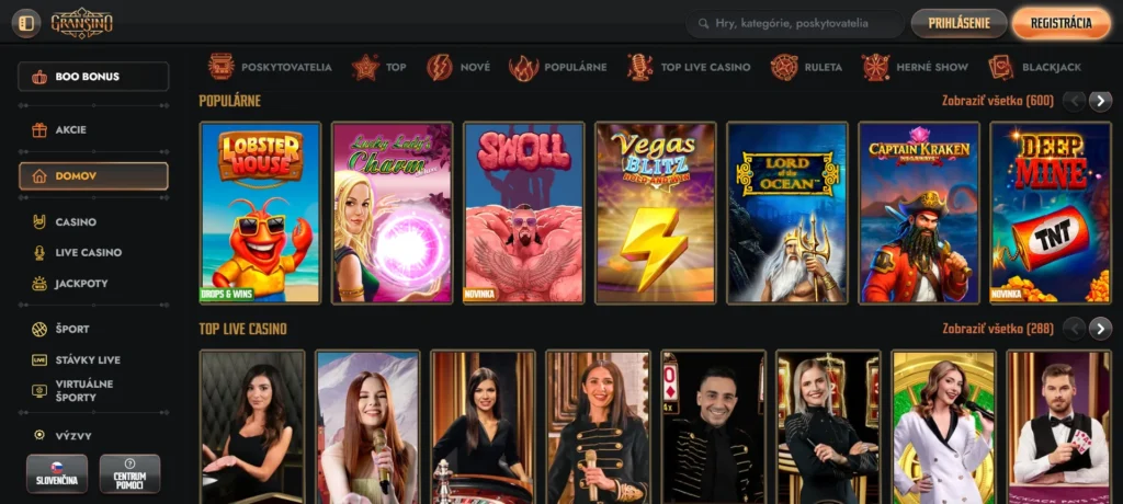 Gransino Casino menu a hry