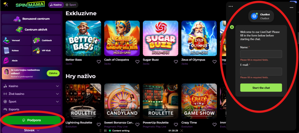 Spinmama Casino zákaznícka podpora