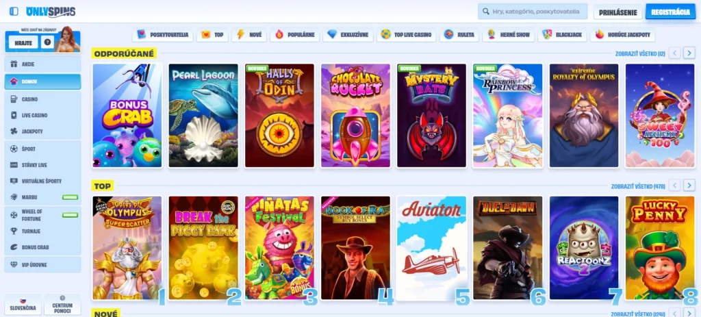 OnlySpins Caisno hry a menu