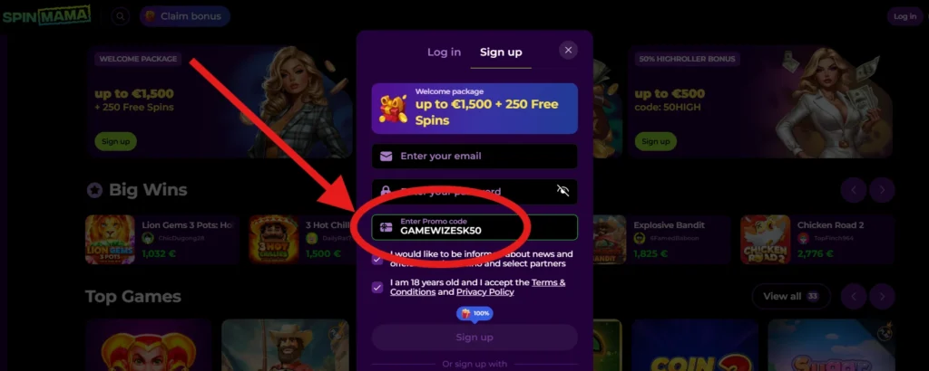 Spinmama Casino promo kód GAMEWIZESK50