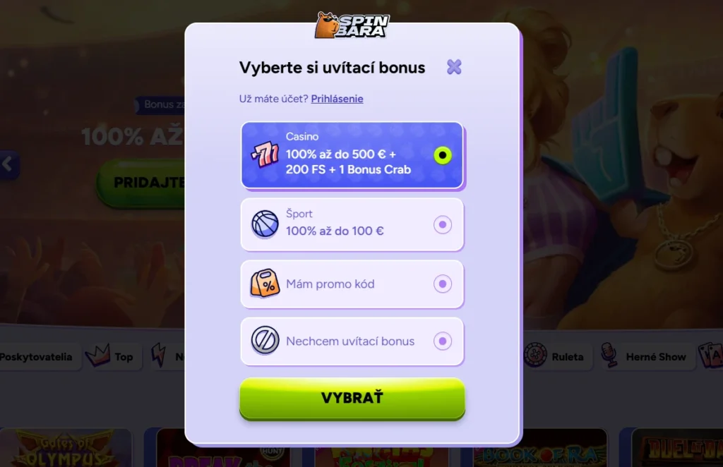 vstupný bonus 200 free spinov v Spinbara casino
