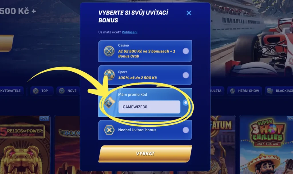 Ako získať bonus s kódom GAMEWIZE30 - návod krok za krokom