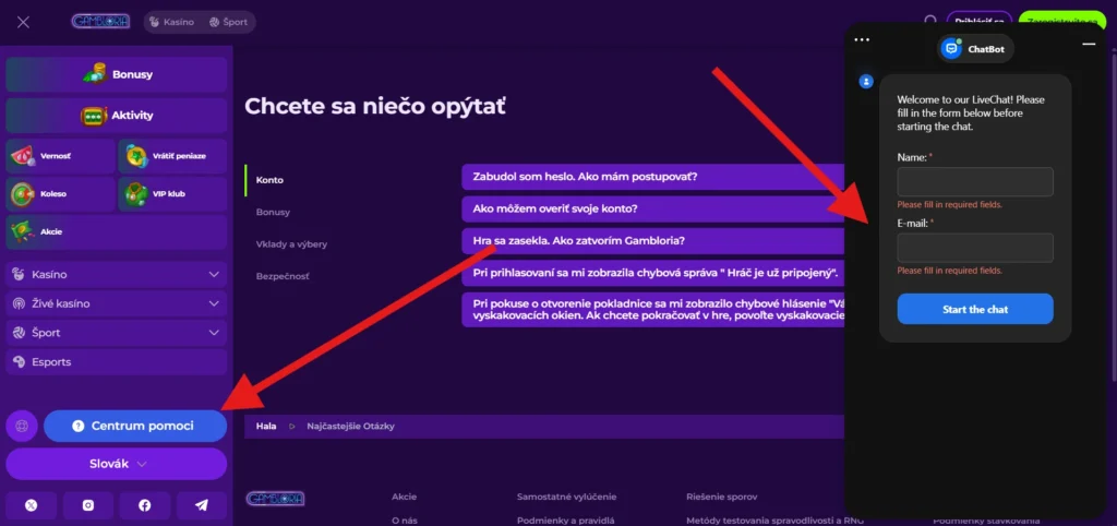 Gambloria Casino zákaznícka podpora