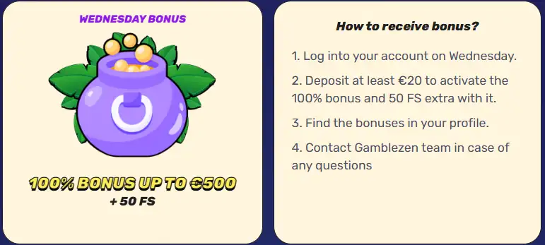 Gamblezen Casino stredajší reload bonus