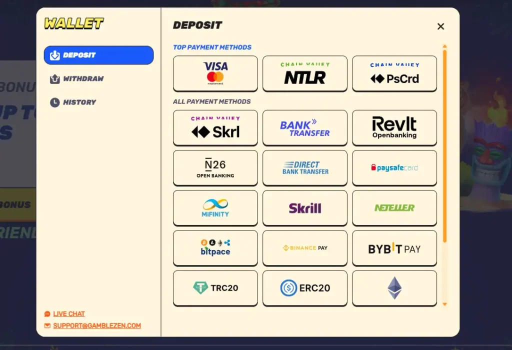 Gamblezen Casino vklady a výbery