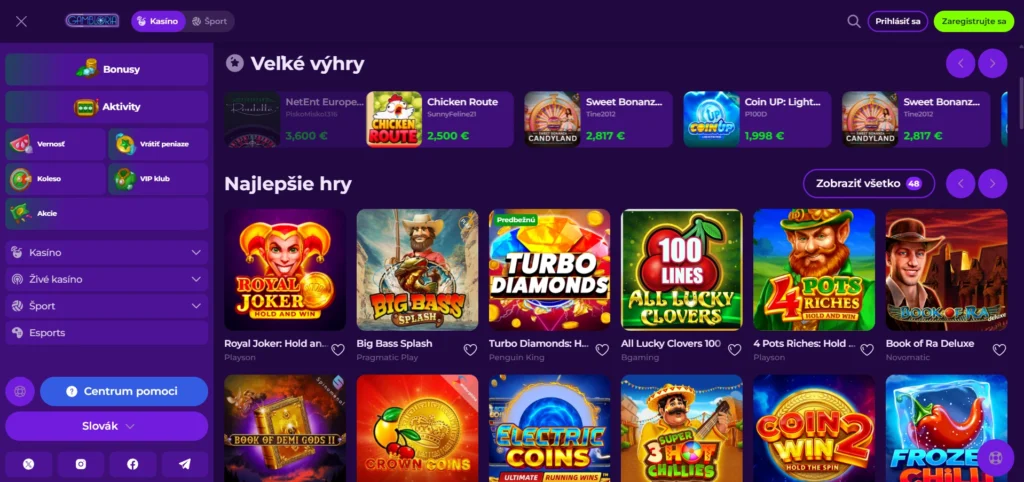 Gambloria Casino menu a ponuka hier