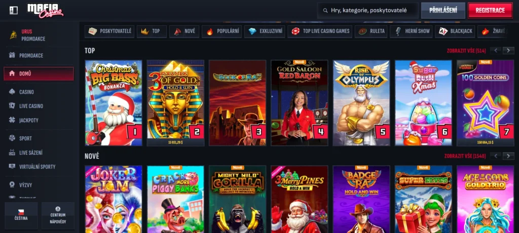 Mafia štartovací balíček ponuka hier a menu kasína