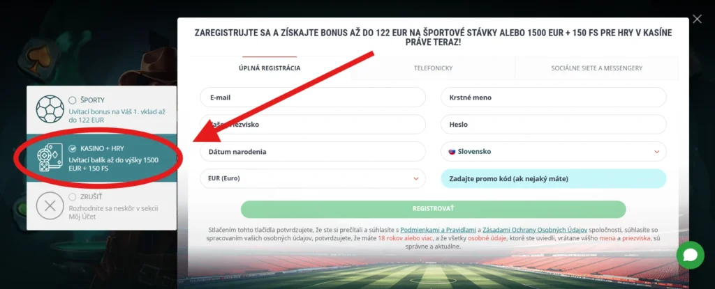 Registrácia pre uvítací balíček 22Bet