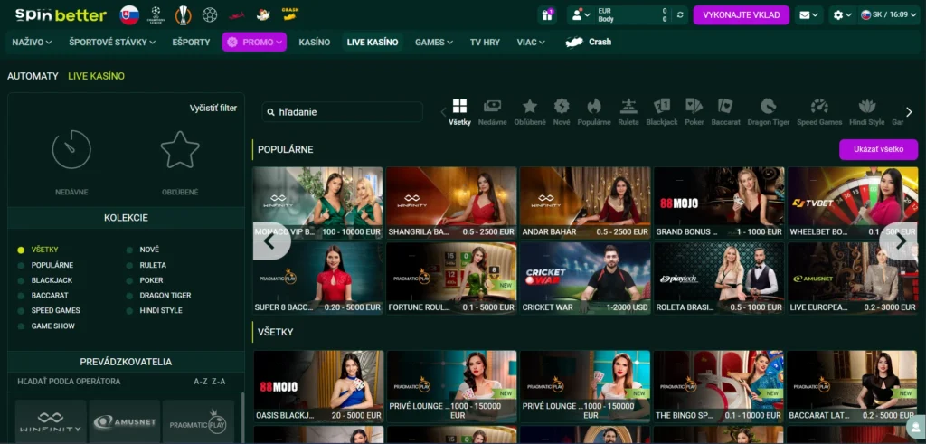 SpinBetter Casino live kasíno hry