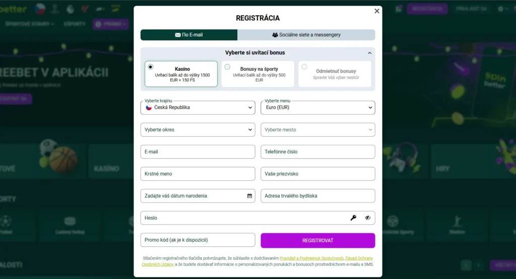 SpinBetter Casino registrácia