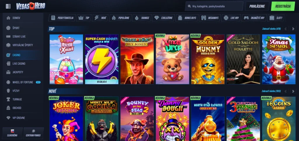 VegasHero Casino menu a ponuka automatov