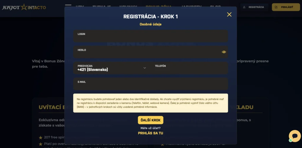 Kajot Intacto registrácia