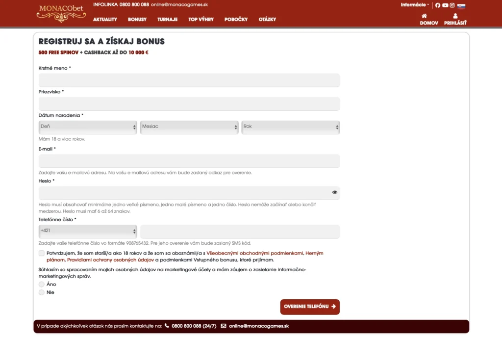 MONACObet registrácia