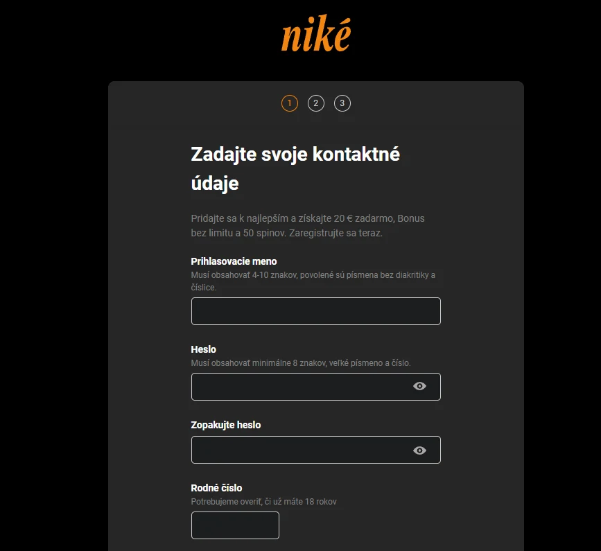 Niké registrácia formulár 