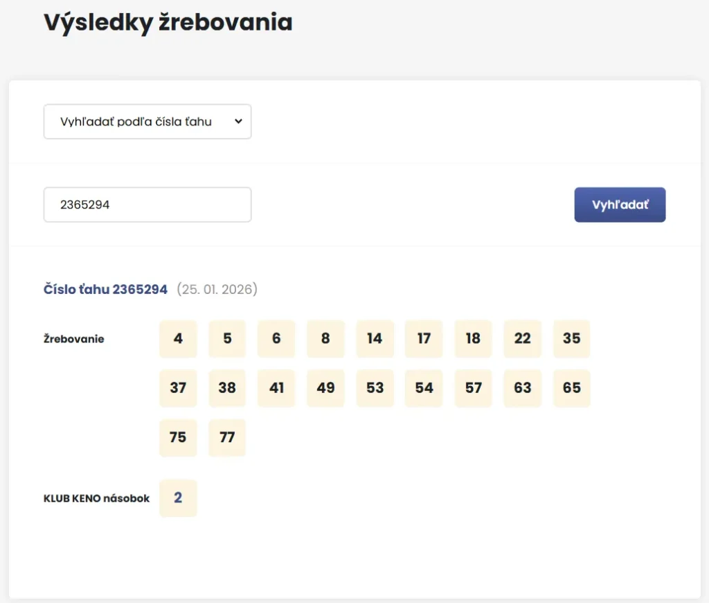 Klub Keno online výsledky