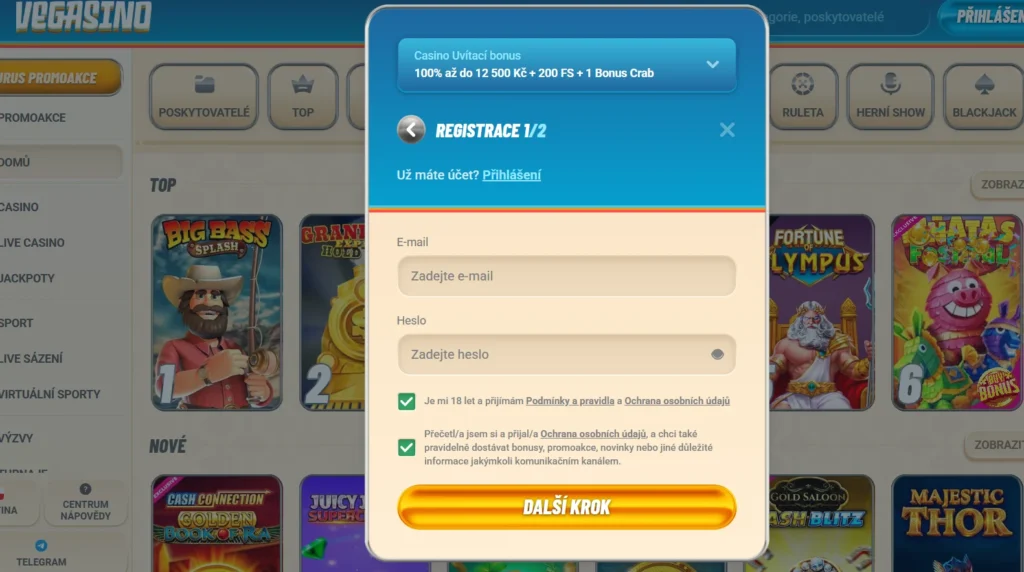 Vegasino vstupný bonus registrácia