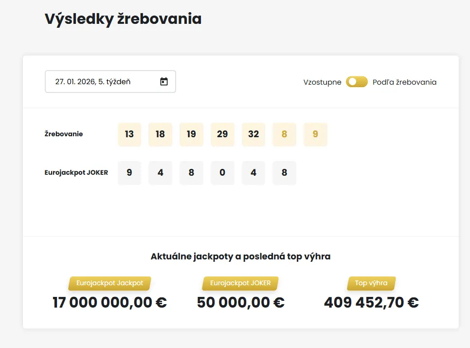 Eurojackpot overenie tipu výsledky