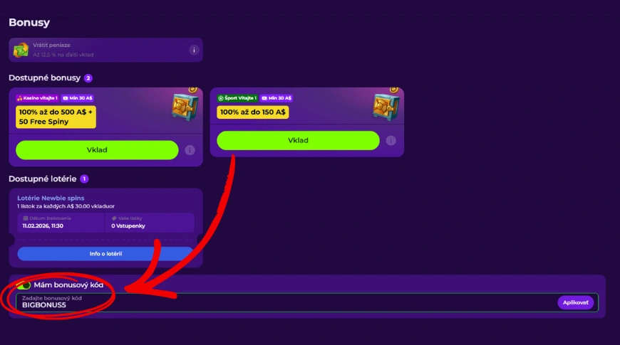 Gambloria Casino promo kód sekcia bonusy