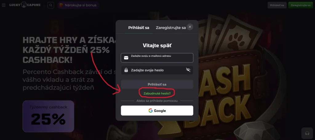 Luckycapone obnova hesla