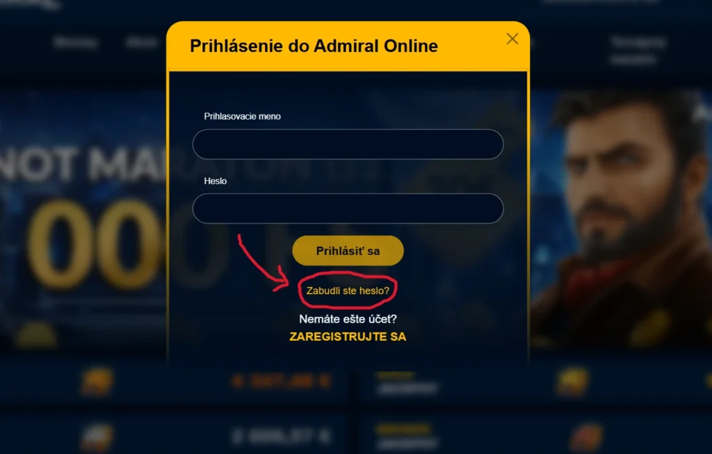 admiral online casino obnova hesla