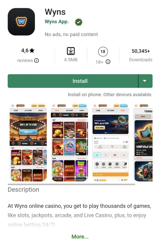 Android aplikácia Wyns kasíno