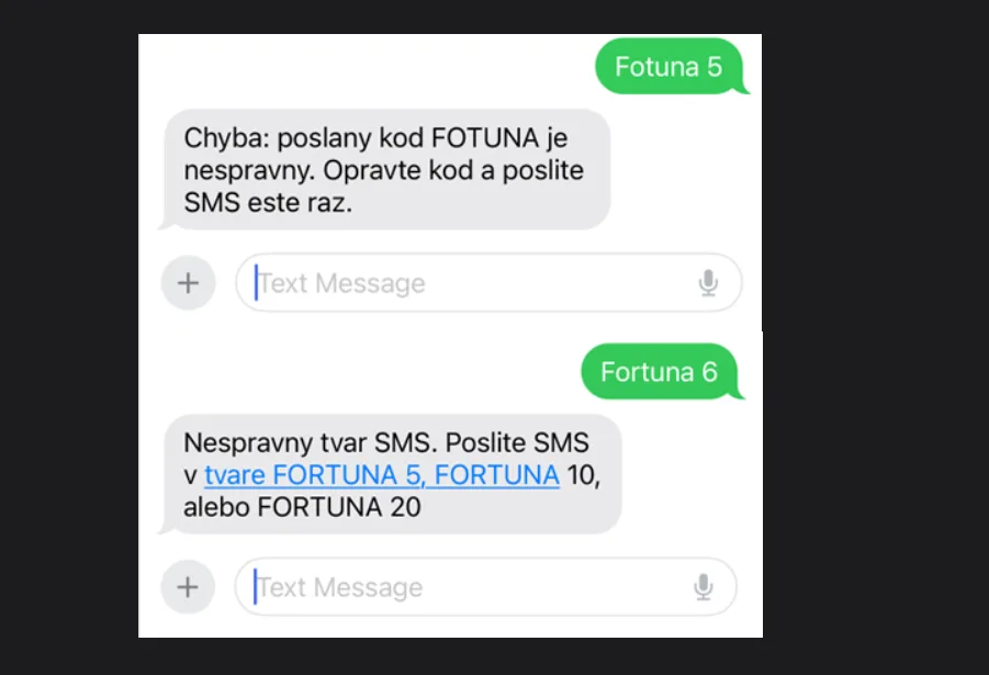 Fortuna SMS vklad chyba