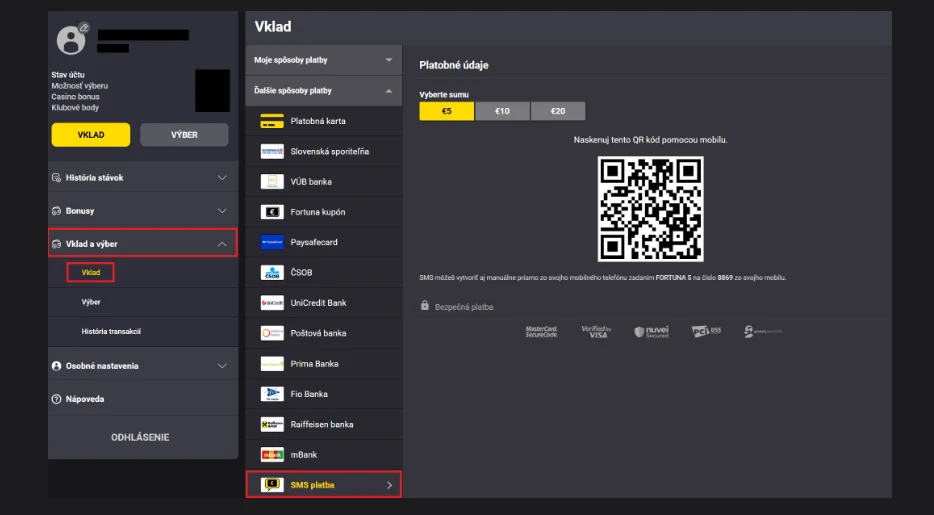 Fortuna SMS vklad QR kód