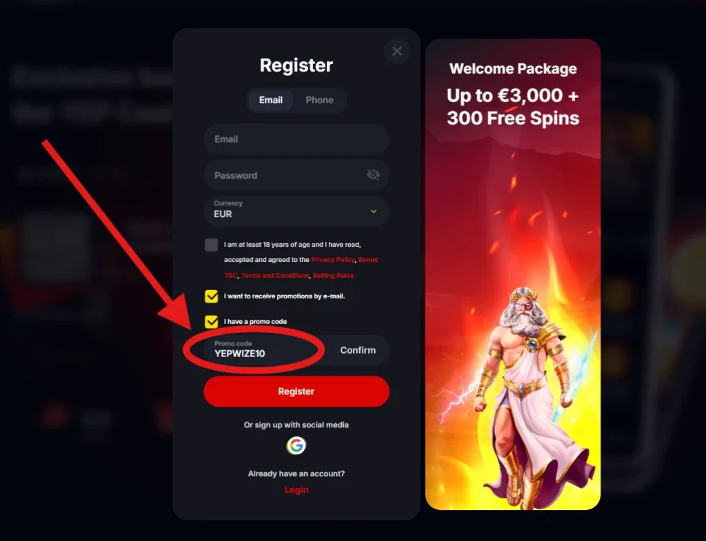 Yep Casino registrácia s promo kódom YEPWIZE10