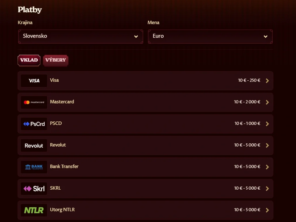 Vklady a výbery v Casoola Casino