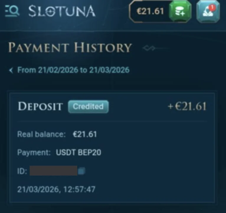Slotuna Casino pripísaný vklad 21,61 € cez USDT BEP20