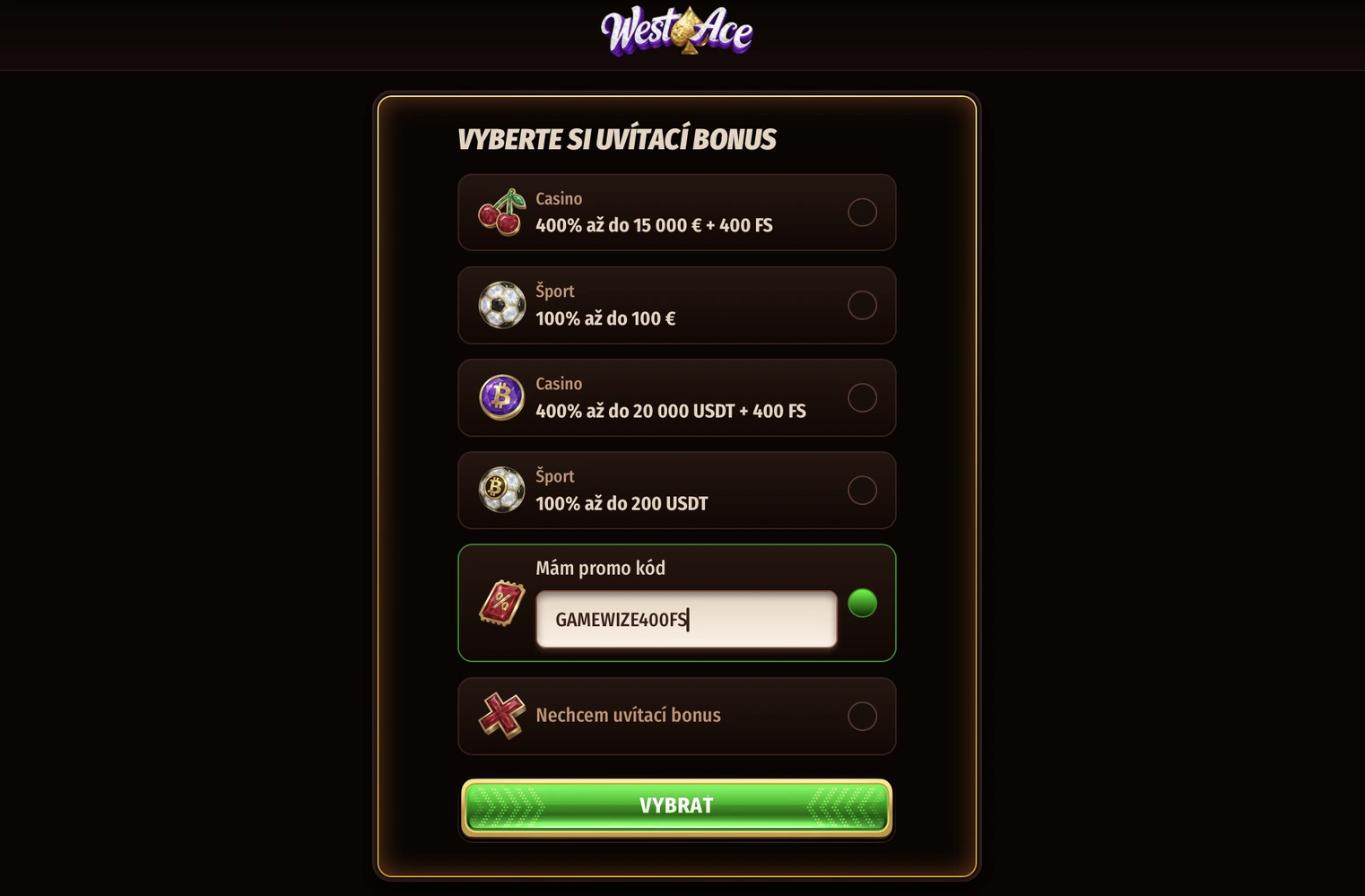 Westace Casino bonus bez vkladu 400 free spinov