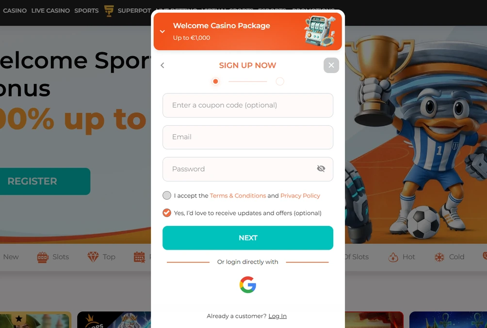 registrácia v kasíne spininio